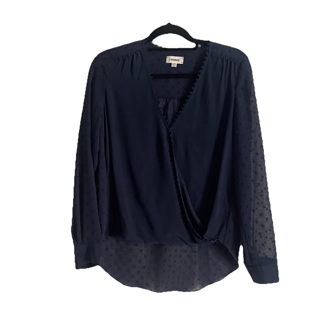 L'AGENCE Perry Swiss Dot‎ Silk Blouse XS Navy Blue Surplice Faux Wrap Sheer